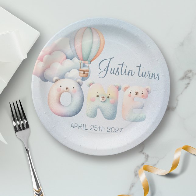 Baby boy 1st birthday teddybear hot air balloon paper plates (Creator Uploaded)