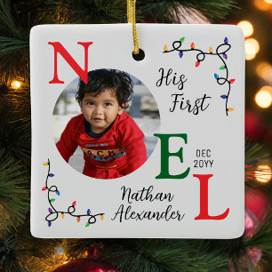 Baby Boy 1st Christmas Colorful 1st Noel Photo Ceramic Ornament