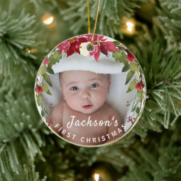 Baby Boy 1st Christmas Holly Wreath Photo Keepsake Ceramic Ornament
