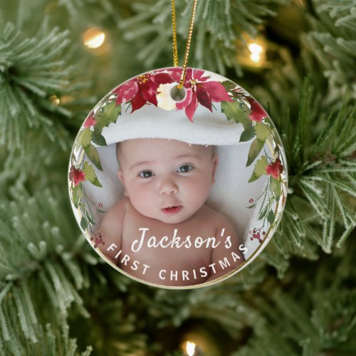Baby Boy 1st Christmas Holly Wreath Photo Keepsake Ceramic Ornament