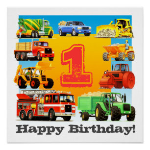Baby Boy 1st Happy Birthday Construction Truck Poster