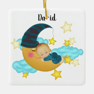 Baby Boy (2) on a Moon Art Baby Beanie Ceramic Ornament