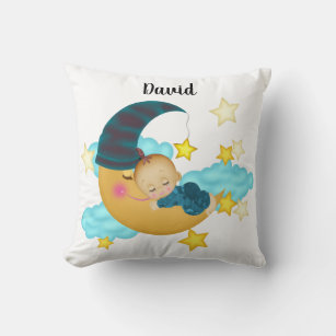Baby Boy (2) on a Moon Art Baby Beanie Throw Pillow