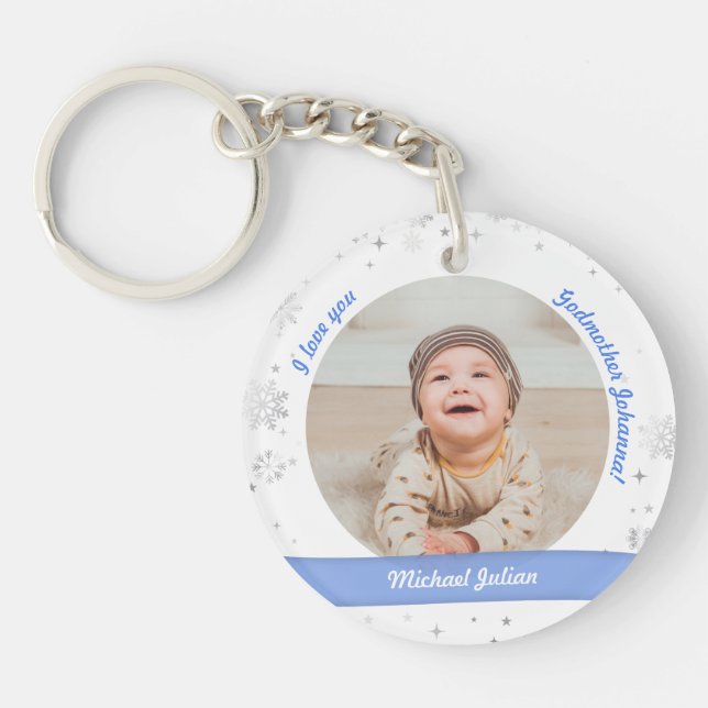 Baby Boy 2 Photos Names Birth For Godmother Xmas Keychain (Front)