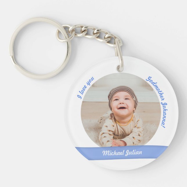 Baby Boy 2 Photos Names Date Birth For Godmother Keychain (Front)