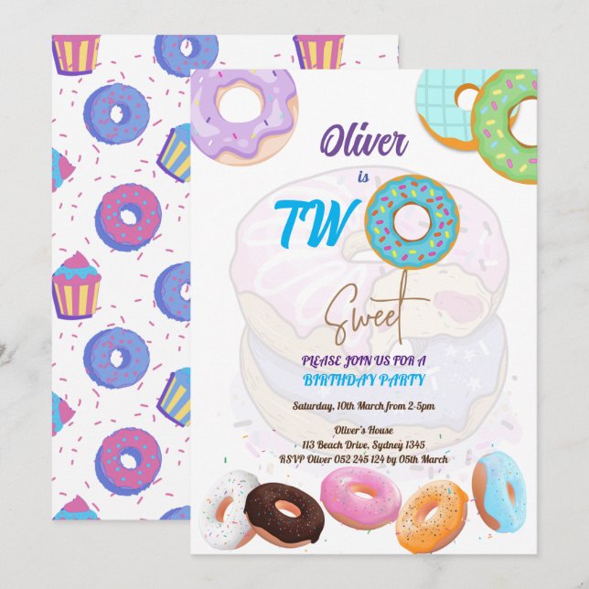 Baby boy 2nd birthday Donut invitation (Front/Back)