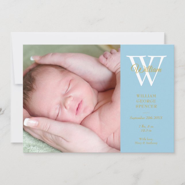 Baby Boy 4 Photos Blue Monogram Gold Script Birth Announcement (Front)
