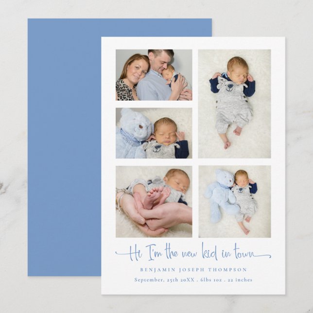 Baby Boy 5 Photo Collage Blue New Kid Script Birth Announcement (Front/Back)
