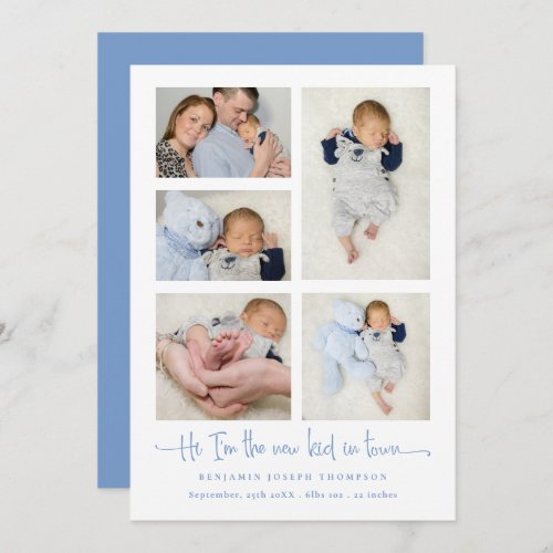 Baby Boy 5 Photo Collage Blue New Kid Script Birth Announcement