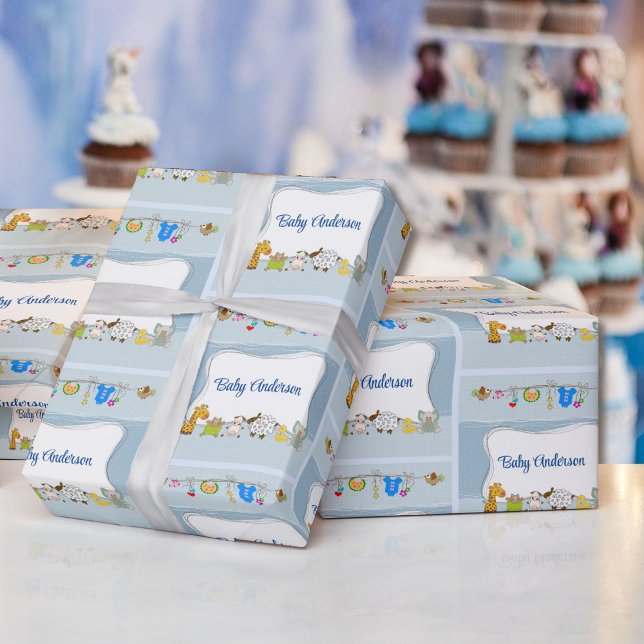 Baby Boy Add Personalize Name or Text Blue Wrapping Paper (Creator Uploaded)