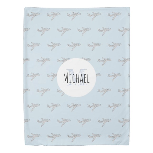 Baby Boy Airplane Monogram Pattern Name Nursery Duvet Cover (Front)