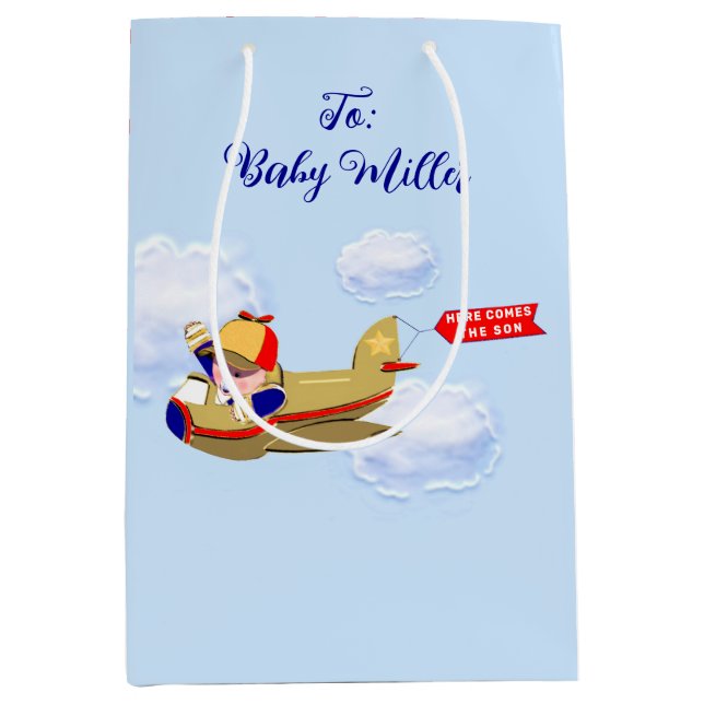 Baby Boy Airplane Pilot Medium Gift Bag (Front)