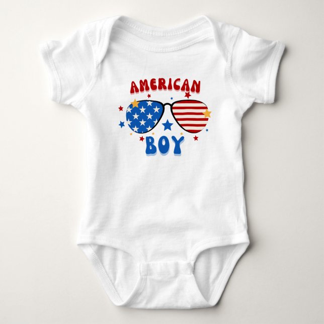 Baby Boy American Flag Glasses Independence Day Baby Bodysuit (Front)
