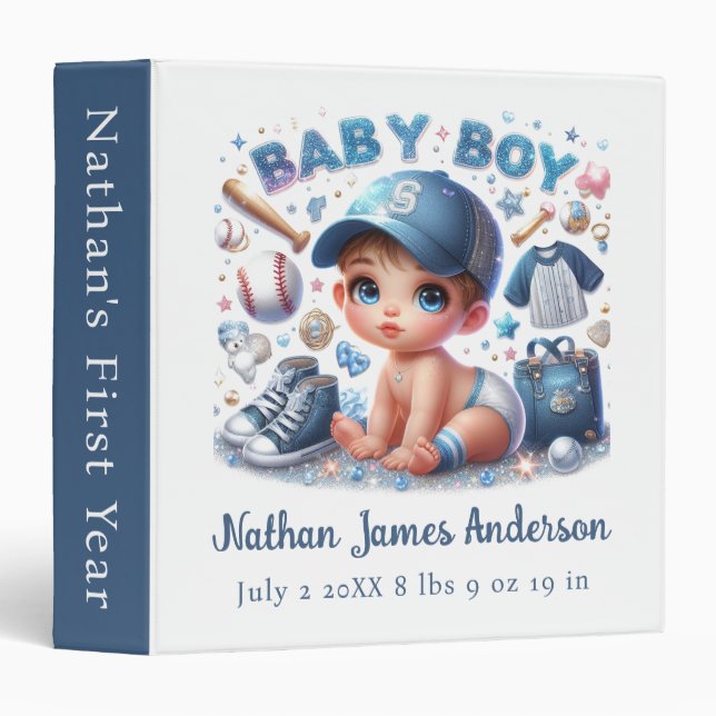 Baby Boy and Baseball 3 Ring Binder (Front/Spine)