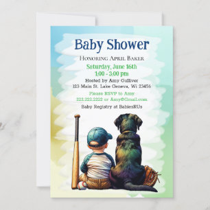 Baby Boy and Black Lab Baseball Themed Baby Shower Invitation