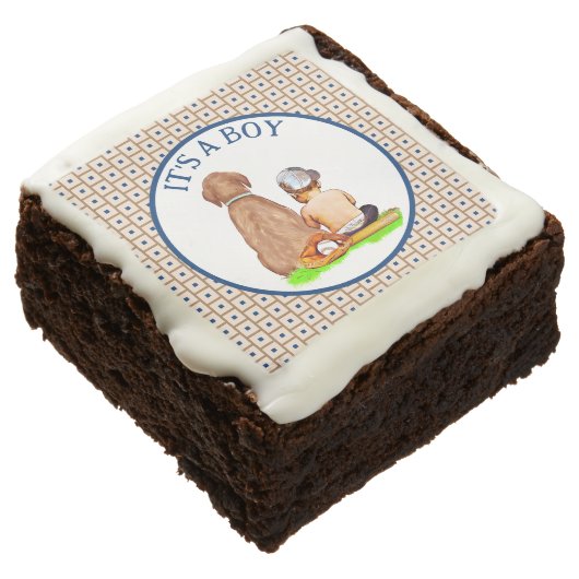 Baby Boy and Dog Baseball Themed Baby Shower Brownie (Angled)