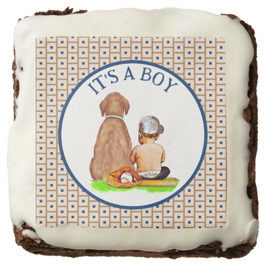 Baby Boy and Dog Baseball Themed Baby Shower Brownie (Front)