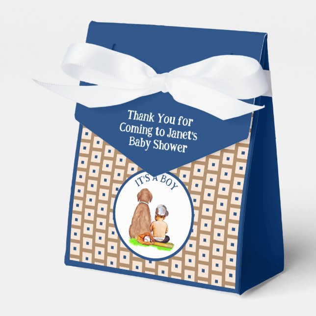 Baby Boy and Dog Baseball Themed Baby Shower Favor Boxes (Front Side)