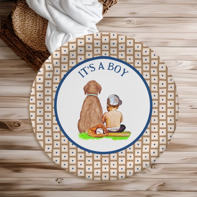 Baby Boy and Dog Baseball Themed Baby Shower Paper Plates (Creator Uploaded)