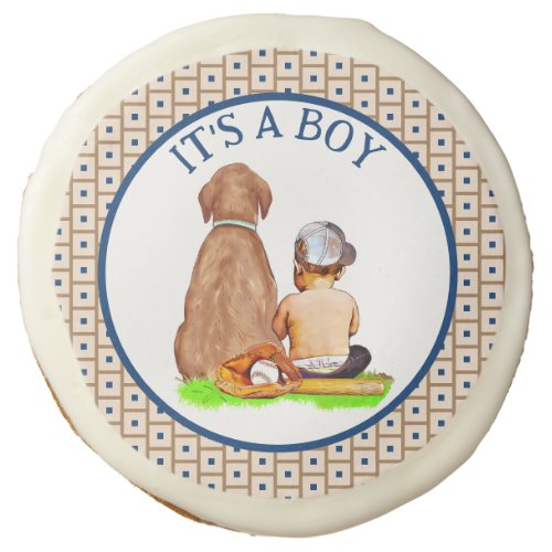 Baby Boy and Dog Baseball Themed Baby Shower Sugar Cookie