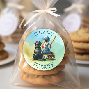 Baby Boy and Dog   Lil Slugger   Baby Shower Classic Round Sticker