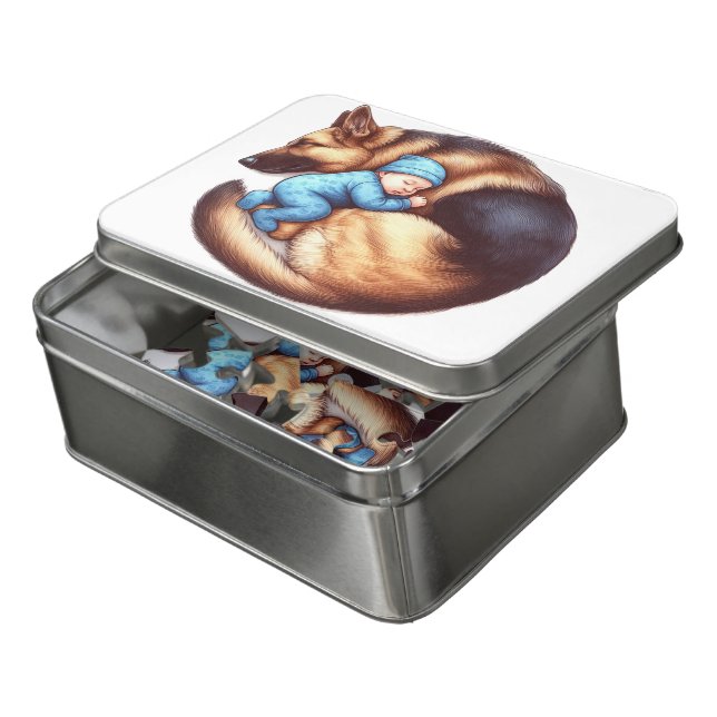 Baby Boy and German Shepherd Jigsaw Puzzle (Lid Open)