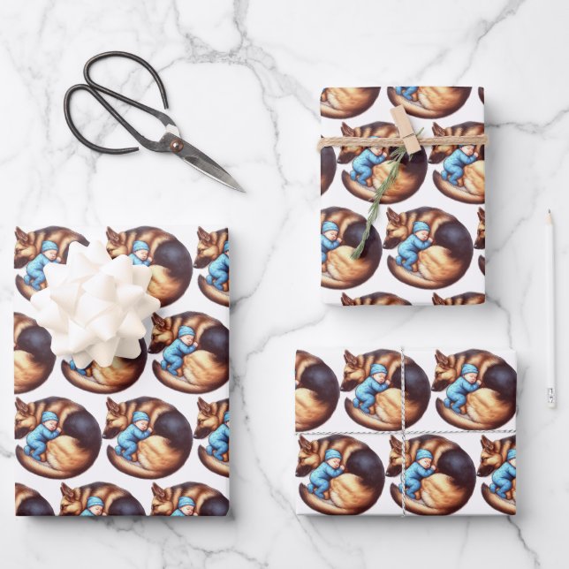 Baby Boy and German Shepherd Wrapping Paper Sheets (Front)