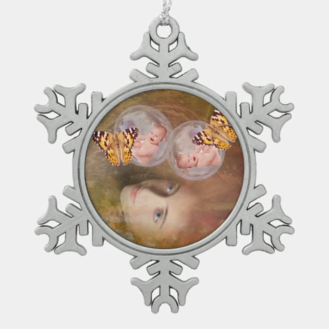 Baby boy and girl twins snowflake pewter christmas ornament (Front)