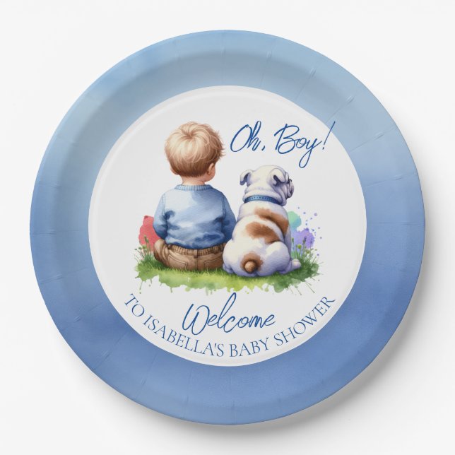 Baby Boy and his Bulldog Baby Shower Paper Plates (Front)