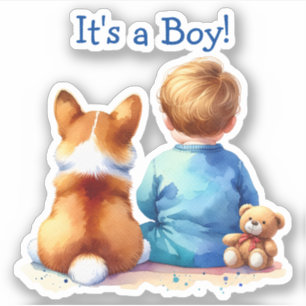 Baby Boy and his Corgi Puppy Baby Shower Sticker