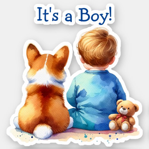 Baby Boy and his Corgi Puppy Baby Shower Sticker