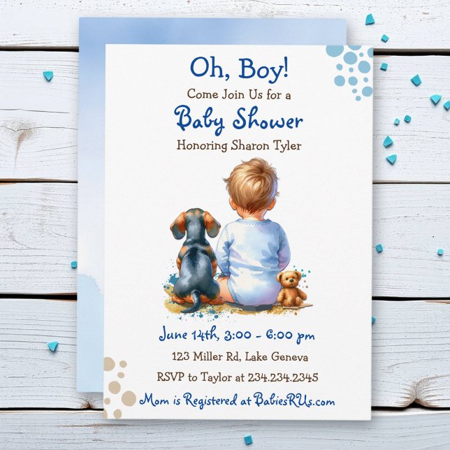 Baby Boy and his Dachshund Puppy Baby Shower Invitation (Creator Uploaded)