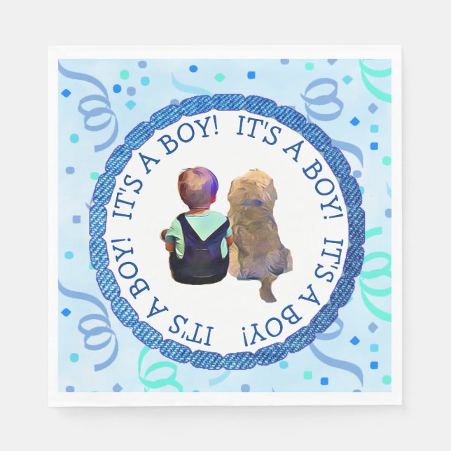 Baby Boy and his Dog Blue and Green Confetti Napkins (Front)