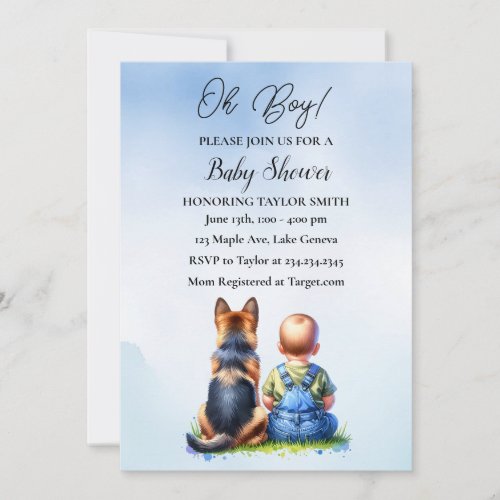 Baby Boy and His German Shepherd Puppy Baby Shower Invitation