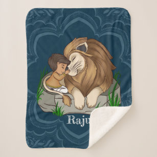 Baby boy and lion on a blue mandala background sherpa blanket