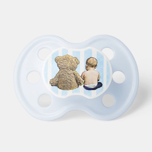 Baby Boy and Teddy Bear Blue Striped Pacifier (Front)