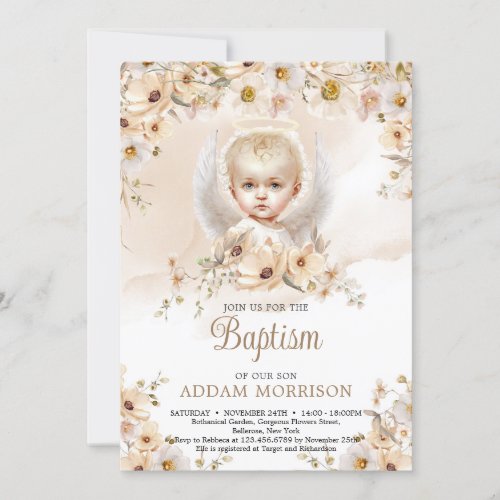 Baby boy angel and beige flowers gold splash invitation