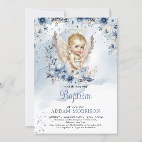Baby boy angel and dusty blue floral wreath invitation
