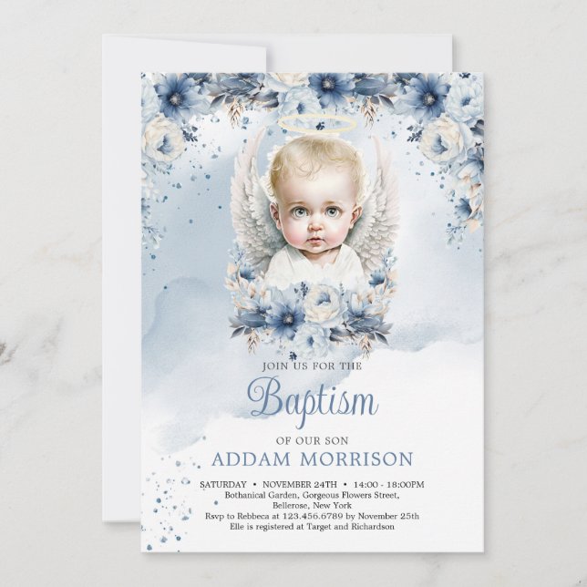 Baby boy angel and dusty blue floral wreath invitation (Front)