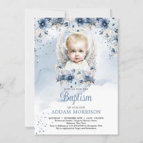 Baby boy angel and dusty blue floral wreath invitation