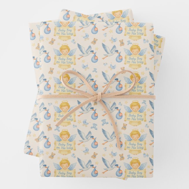 Baby Boy Arrival Angel Stork Announcement  Wrapping Paper Sheets (In situ)