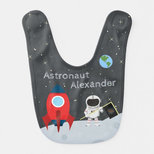 Baby Boy Astronaut on Moon, First Name Space Baby Bib (Front)