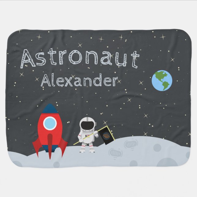 Baby Boy Astronaut on Moon, First Name Space Blanket (Horizontal)