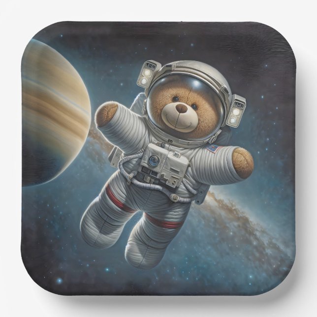 Baby Boy Astronaut Teddy Bear Paper Plates (Front)