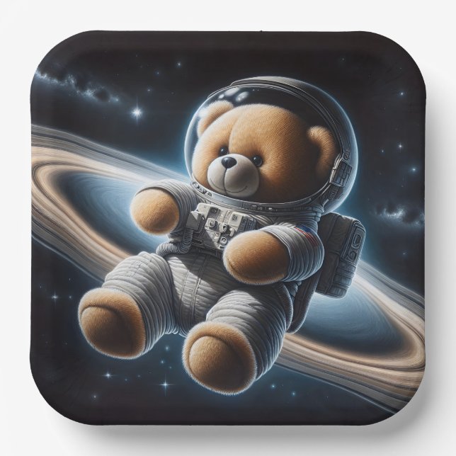 Baby Boy Astronaut Teddy Bear Paper Plates (Front)