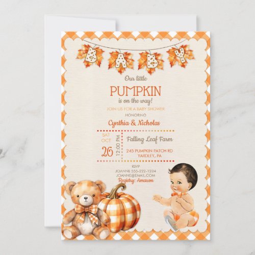 Baby Boy Autumn Plaid Teddy Bear Pumpkin Leaves Invitation