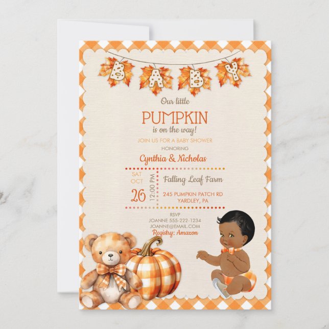 Baby Boy Autumn Plaid Teddy Bear Pumpkin Leaves Invitation (Front)
