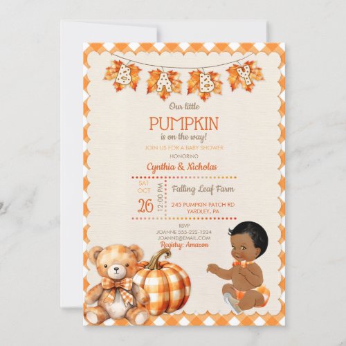 Baby Boy Autumn Plaid Teddy Bear Pumpkin Leaves Invitation