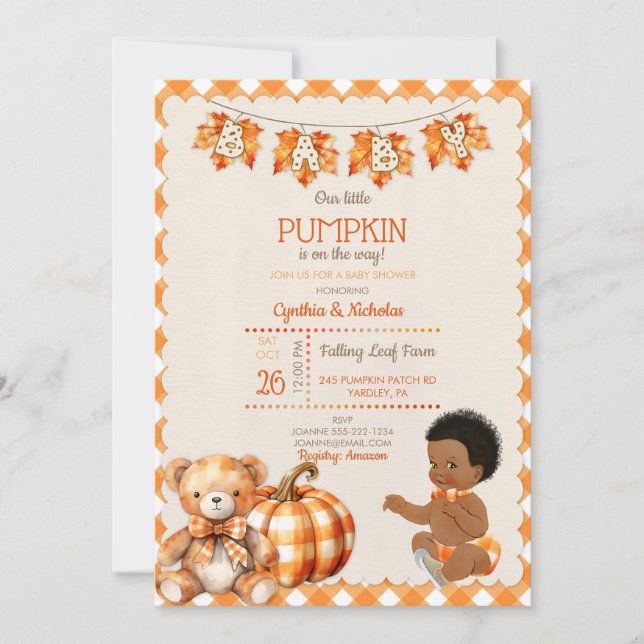 Baby Boy Autumn Plaid Teddy Bear Pumpkin Leaves Invitation (Front)