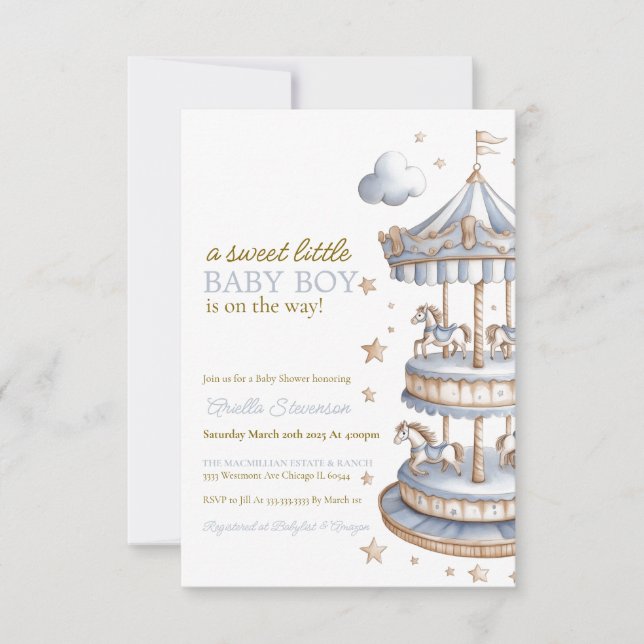 Baby boy baby shower, carousel horse baby shower invitation (Front)